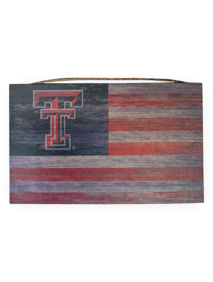 Texas Tech Red Raiders Double T on Distressed Flag Wood Sign – Front view