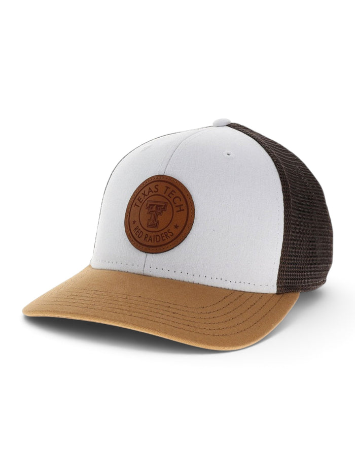 Texas Tech Red Raiders Double T Round Leather Patch Tri-Color Trucker Snapback Cap – Front view