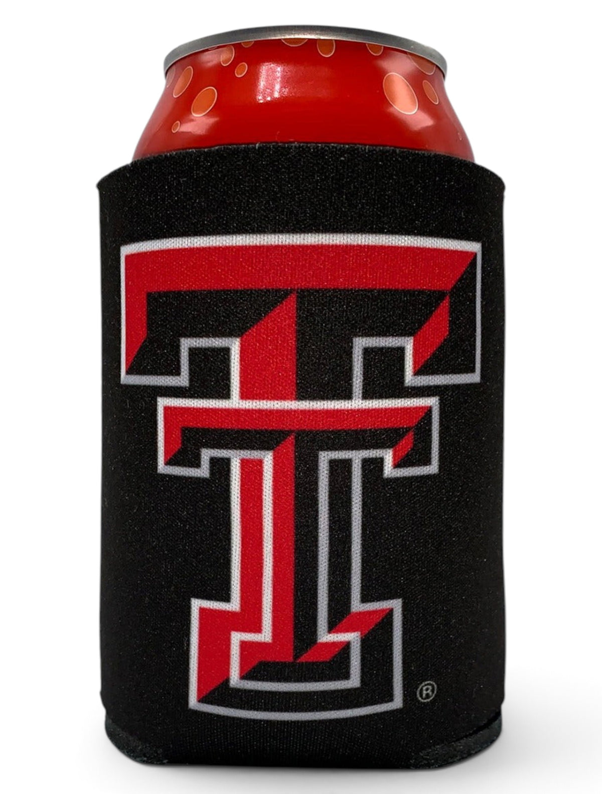 Texas Tech Red Raiders Double T Rugged Football Font Can Cooler – Back view