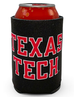 Texas Tech Red Raiders Double T Rugged Football Font Can Cooler – Front view