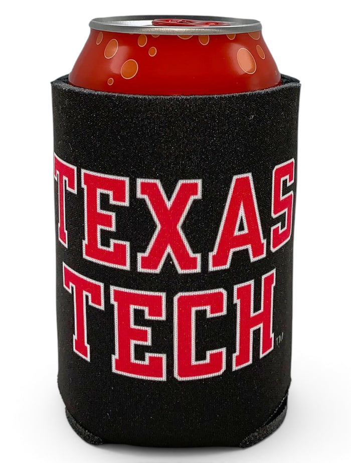 Texas Tech Red Raiders Double T Rugged Football Font Can Cooler – Front view