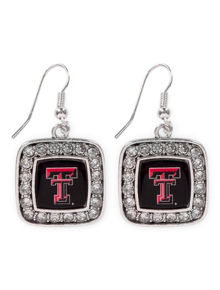 Texas Tech Red Raiders Double T Surrounded by Rhinestones Square Silver Earrings – Front view