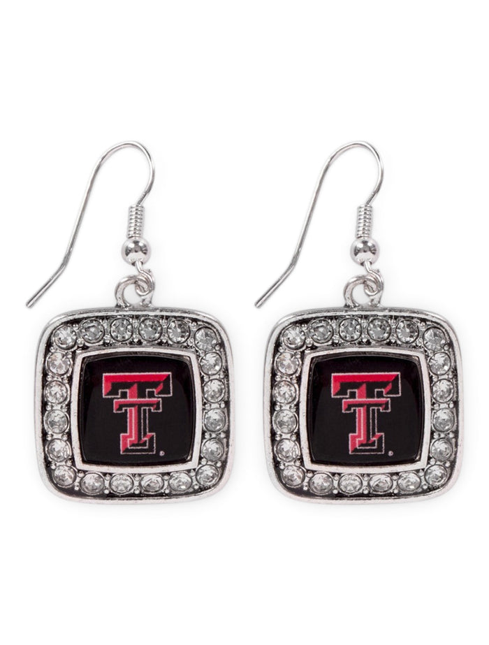 Texas Tech Red Raiders Double T Surrounded by Rhinestones Square Silver Earrings – Front view