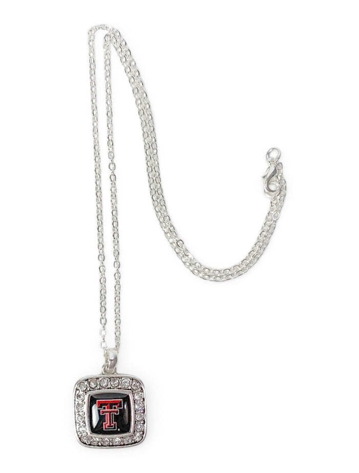 Texas Tech Red Raiders Double T Surrounded By Rhinestones Square Silver Necklace – Front view