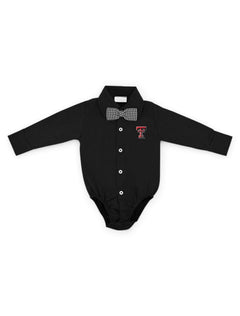 Texas Tech Red Raiders Infant Button Down Solid Onesie with Gingham Bowtie Onesie – Front view