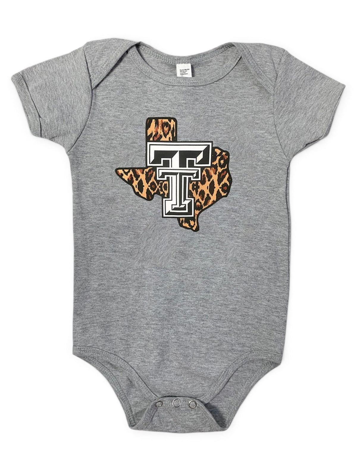 Texas Tech Red Raiders "Leopard Pride" INFANT Onesie In Grey – Front view