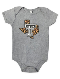 Texas Tech Red Raiders "Leopard Pride" INFANT Onesie In Grey – Front view