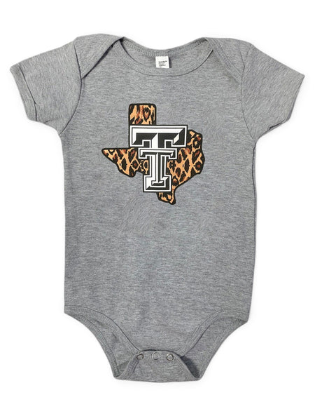 Texas Tech Red Raiders "Leopard Pride" INFANT Onesie In Grey – Front view
