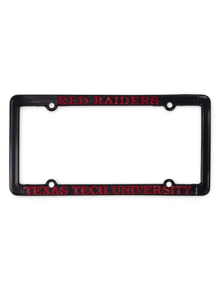 Texas Tech Red Raiders on Polished Black Chrome License Plate Frame – Front view