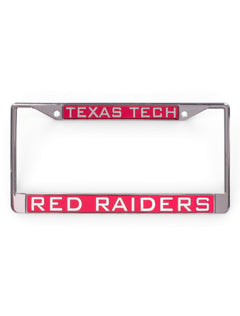 Texas Tech Red Raiders on Red and Chrome License Plate Frame – Front view