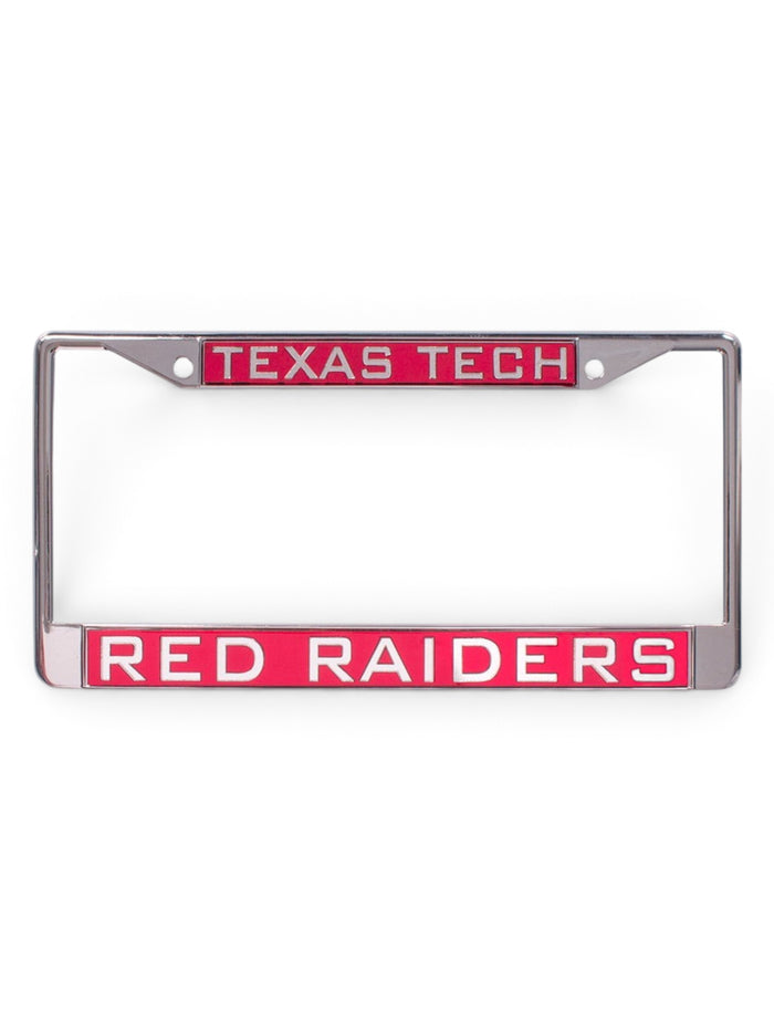 Texas Tech Red Raiders on Red and Chrome License Plate Frame – Front view