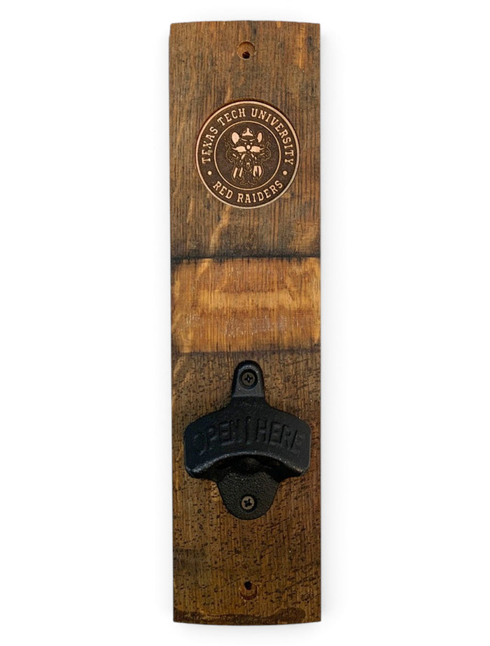 Texas Tech Red Raiders Raider Red Barrel Stave Wooden Wall Mount Bottle Opener – Front view