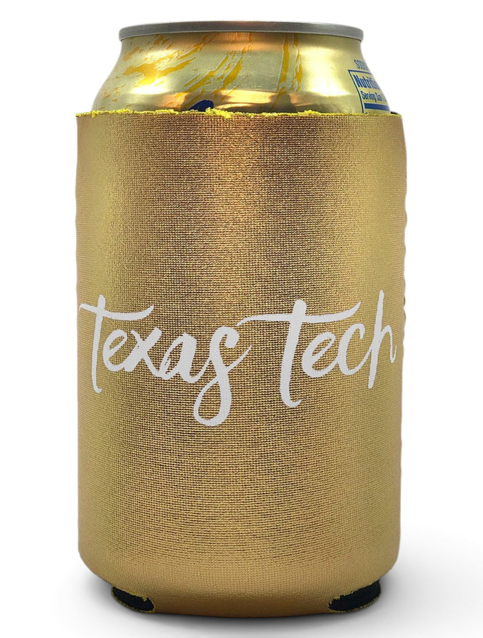 Texas Tech Red Raiders Script Gold Can Cooler – Front view