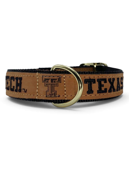 Texas Tech Red Raiders Tan Leather Embroidered  Dog Collar – Front view