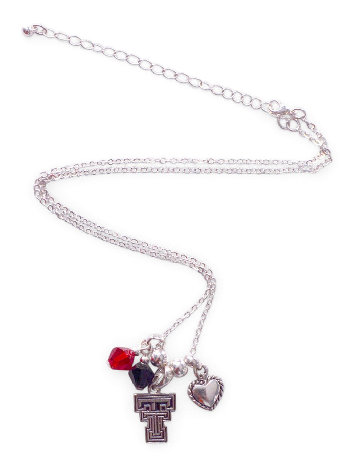 Texas Tech Red Raiders Texas Tech Double T Heart & Crystal Charm Silver Necklace – Front view