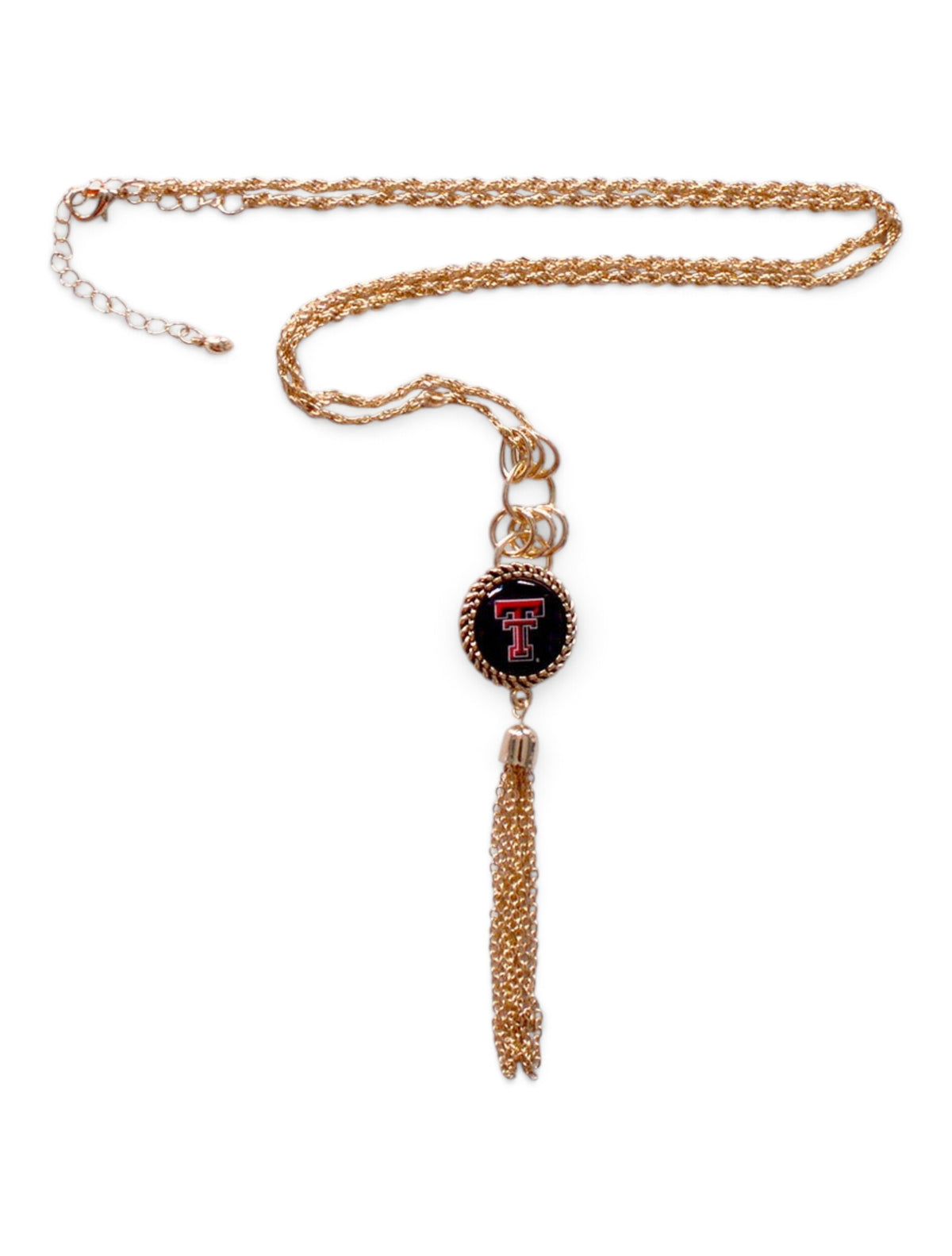 Texas Tech Red Raiders Texas Tech Gold Double T Pendant with Tassel Necklace – Front view
