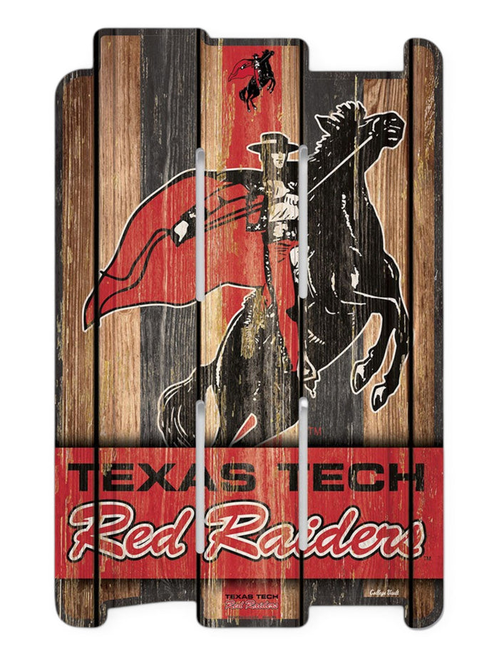 Texas Tech Red Raiders Vault Rearing Rider "Fence" Wood Sign – Front view