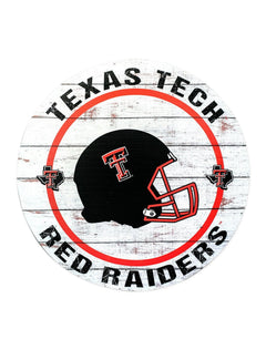 Texas Tech Red Raiders with Helmet on Weathered Circle Wood Sign – Front view