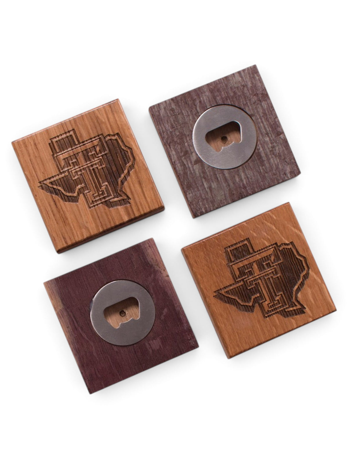 Texas Tech Red Raiders Wood Bottle Opener Coaster Set – Front view