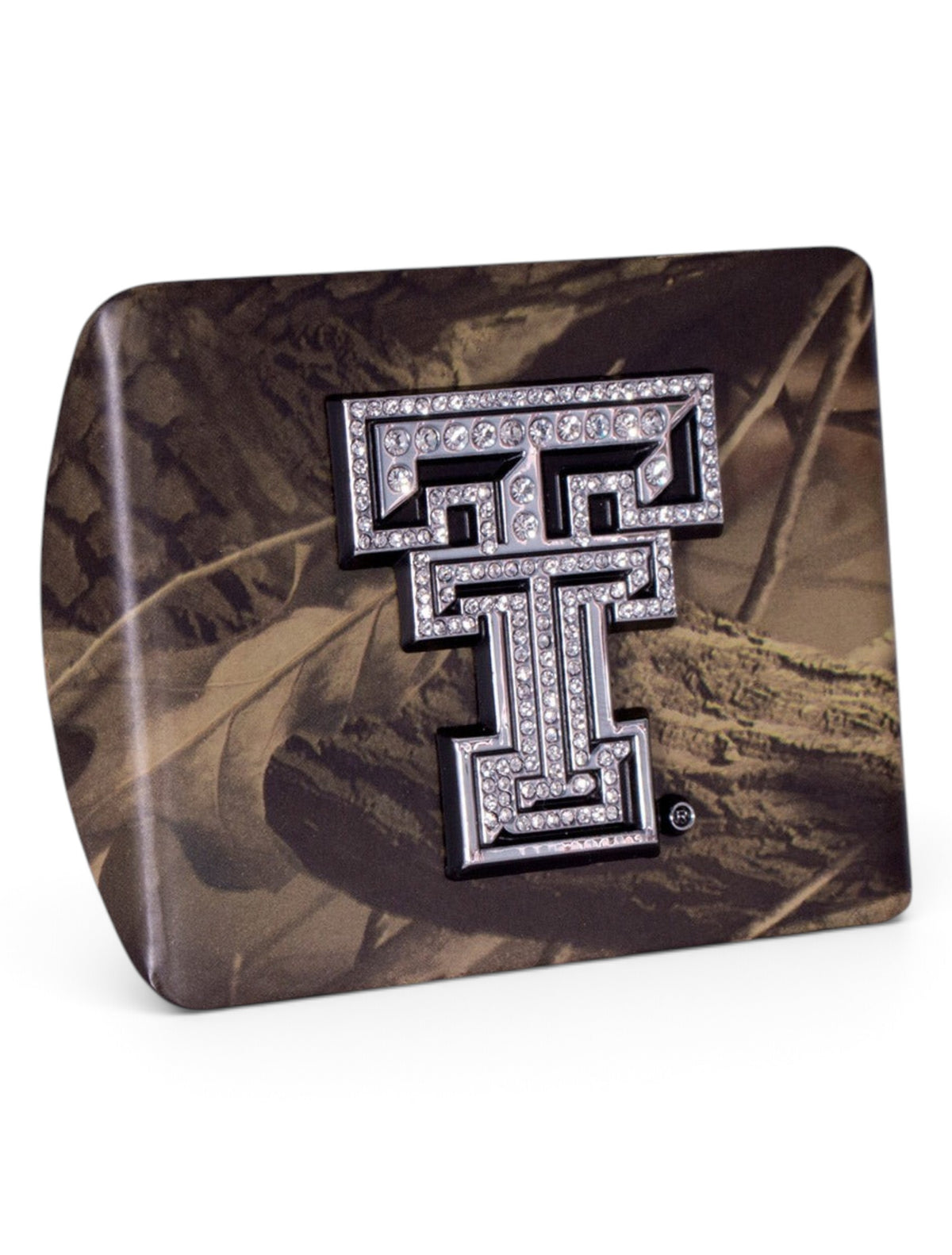 Texas Tech Rhinestone Double T on Camo Hitch Cover – Detail