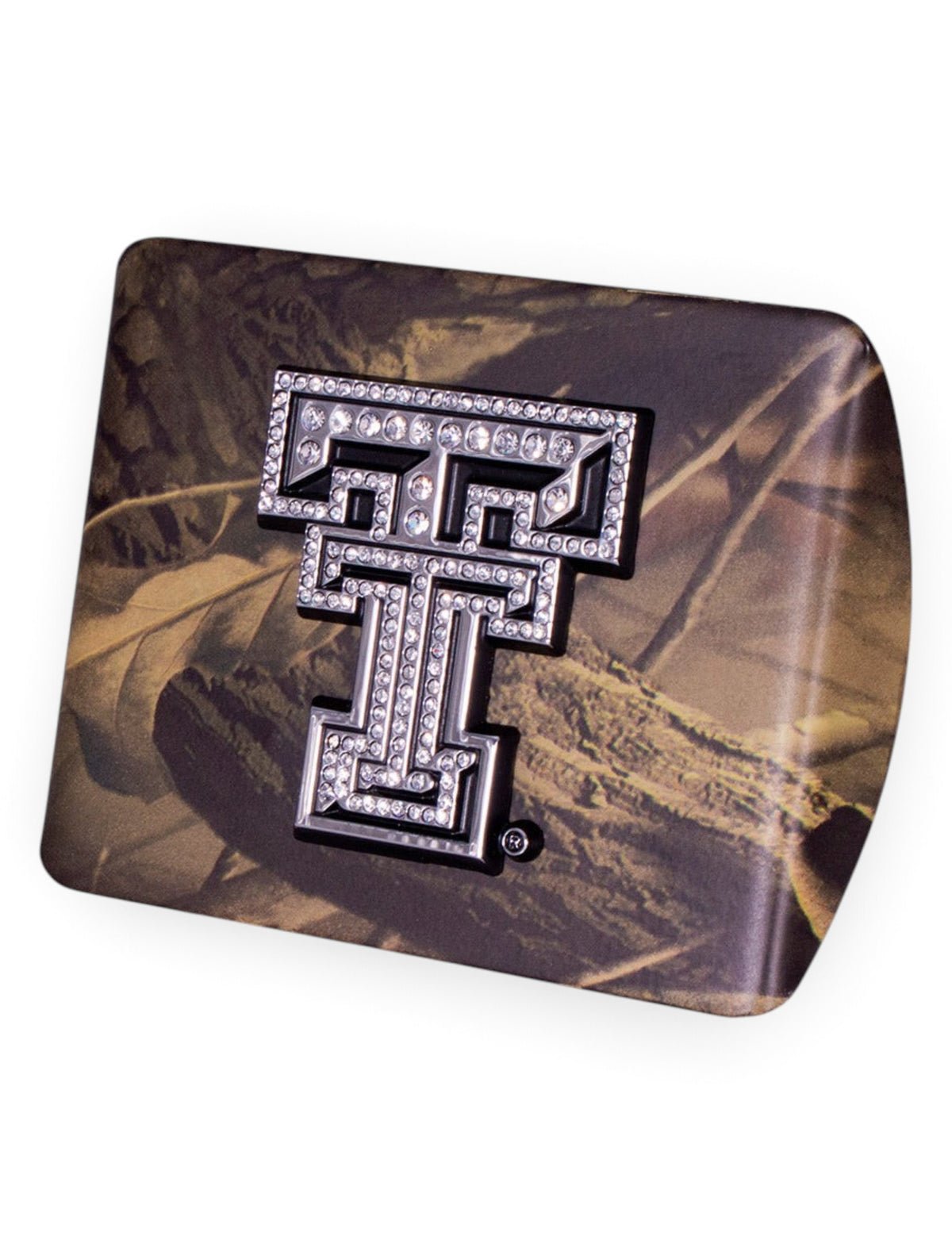 Texas Tech Rhinestone Double T on Camo Hitch Cover – Front view