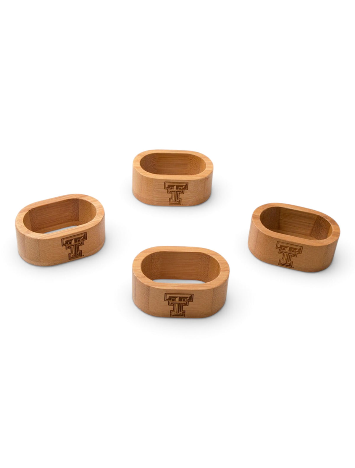 Texas Tech Set of 4 Laser Engraved Double T on Bamboo Napkin Rings – Front view
