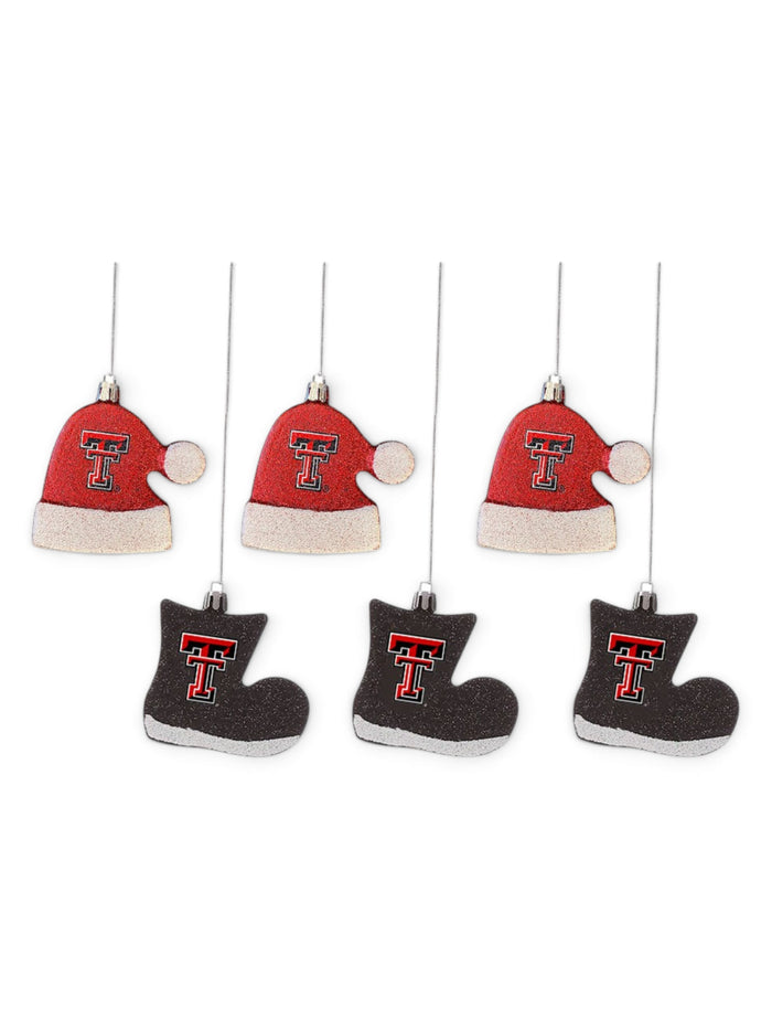 Texas Tech Shatterproof "Santa Hats & Boots 6-pack" Ornament Set – Front view