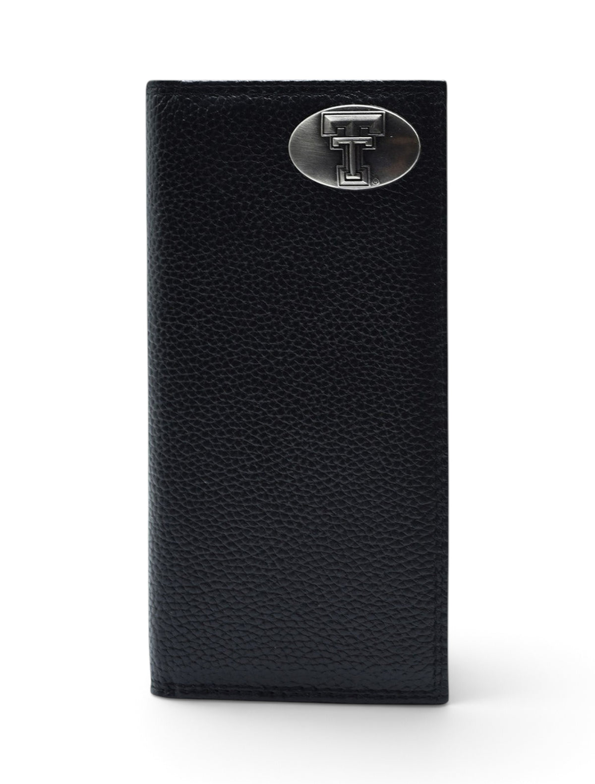 Texas Tech Silver Emblem on Black Pebble Grain Tall Wallet – Front view