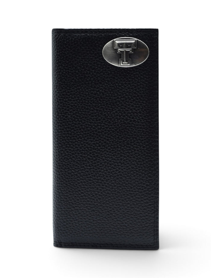 Texas Tech Silver Emblem on Black Pebble Grain Tall Wallet – Front view