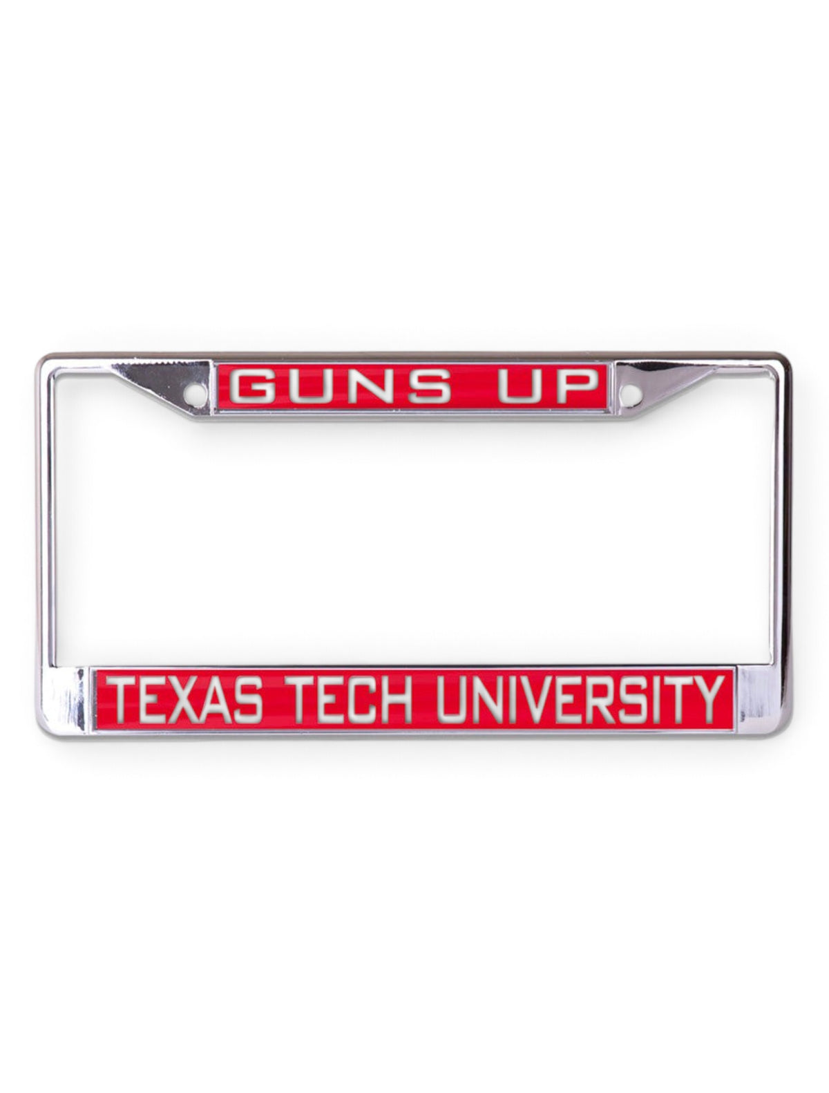 Texas Tech University Guns Up on Red and Chrome License Plate Frame – Front view