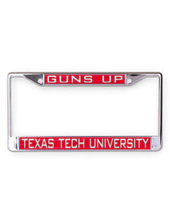 Texas Tech University Guns Up on Red and Chrome License Plate Frame – Front view