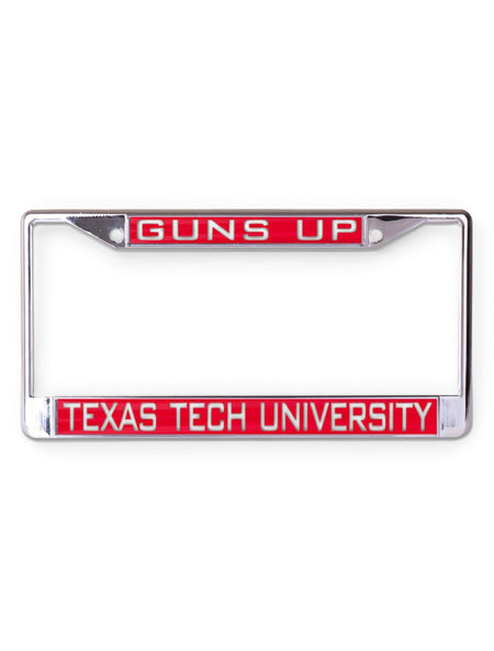 Texas Tech University Guns Up on Red and Chrome License Plate Frame – Front view