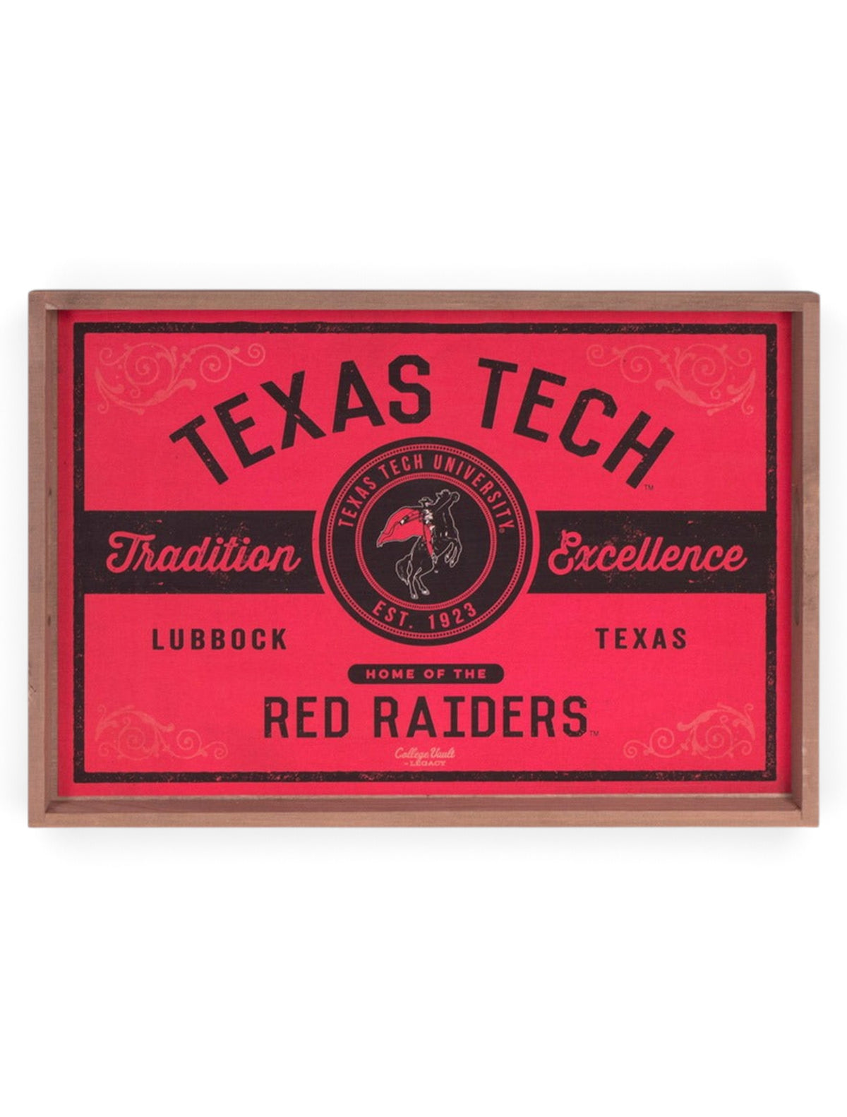 Texas Tech Vintage Label Glass Top Serving Tray – Front view