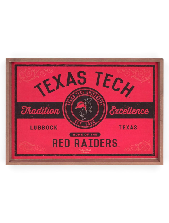 Texas Tech Vintage Label Glass Top Serving Tray – Front view