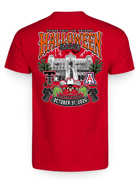 Red Texas Tech vs Arizona Halloween gameday tee, back view, with a badge noting the design glows in the dark