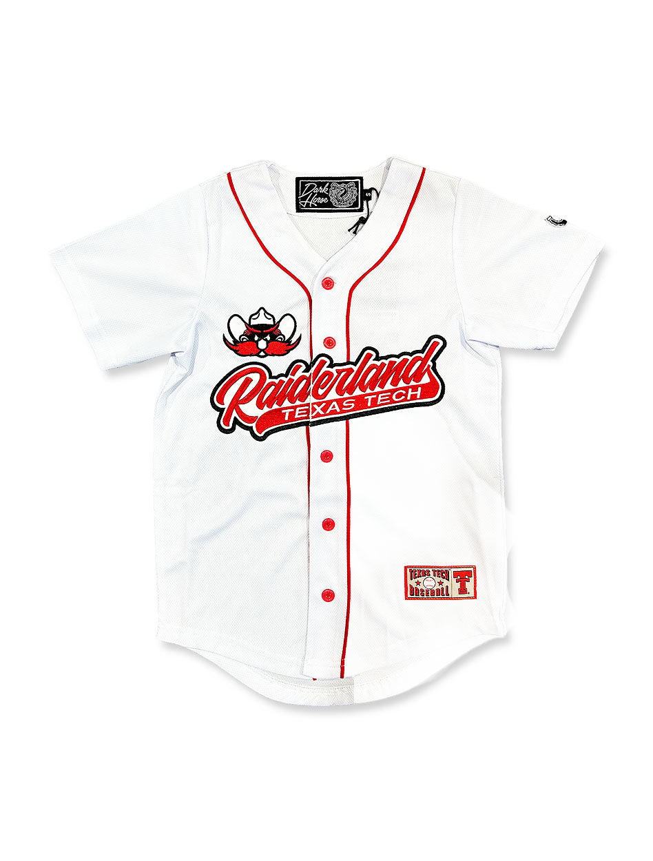 Texas Tech YOUTH Dark Horse Raider Red Script Baseball Jersey