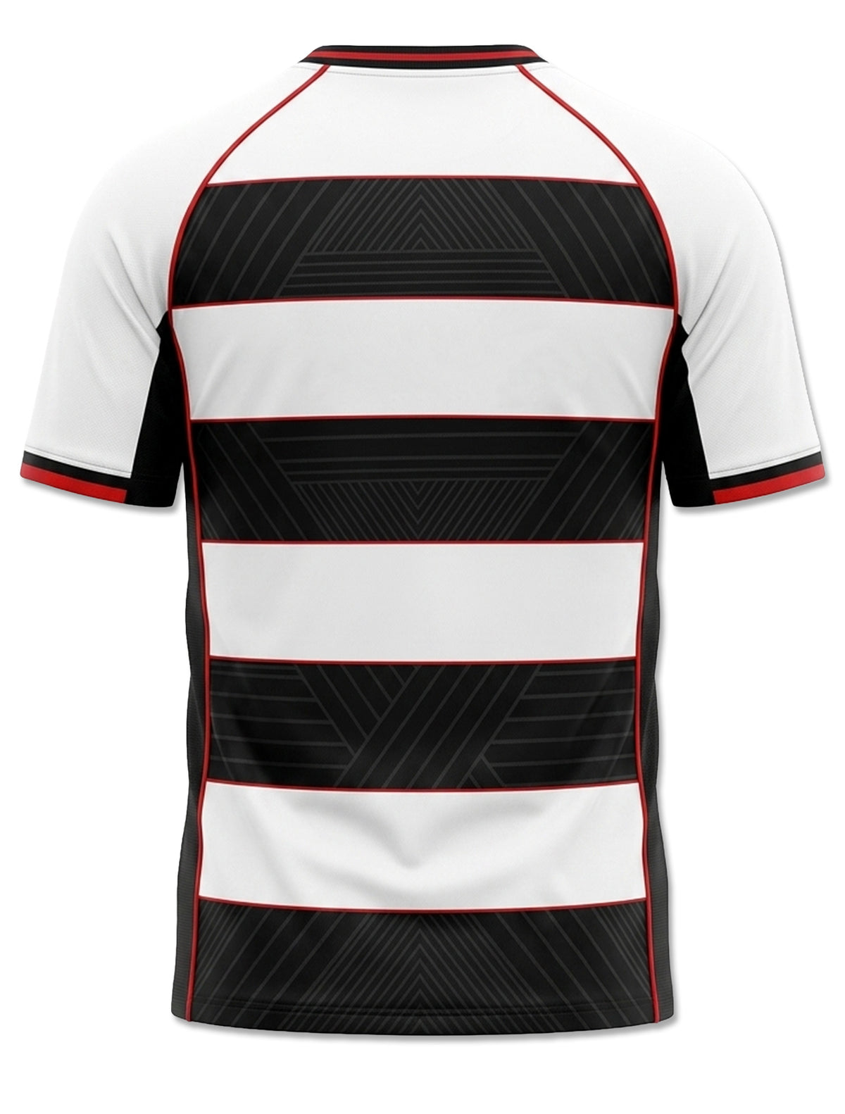 Back of the Texas Tech Dark Horse Matador Script striped soccer jersey showing black and white hoop stripes with red pinstripe accents
