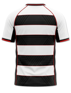 Back of the Texas Tech Dark Horse Matador Script striped soccer jersey showing black and white hoop stripes with red pinstripe accents