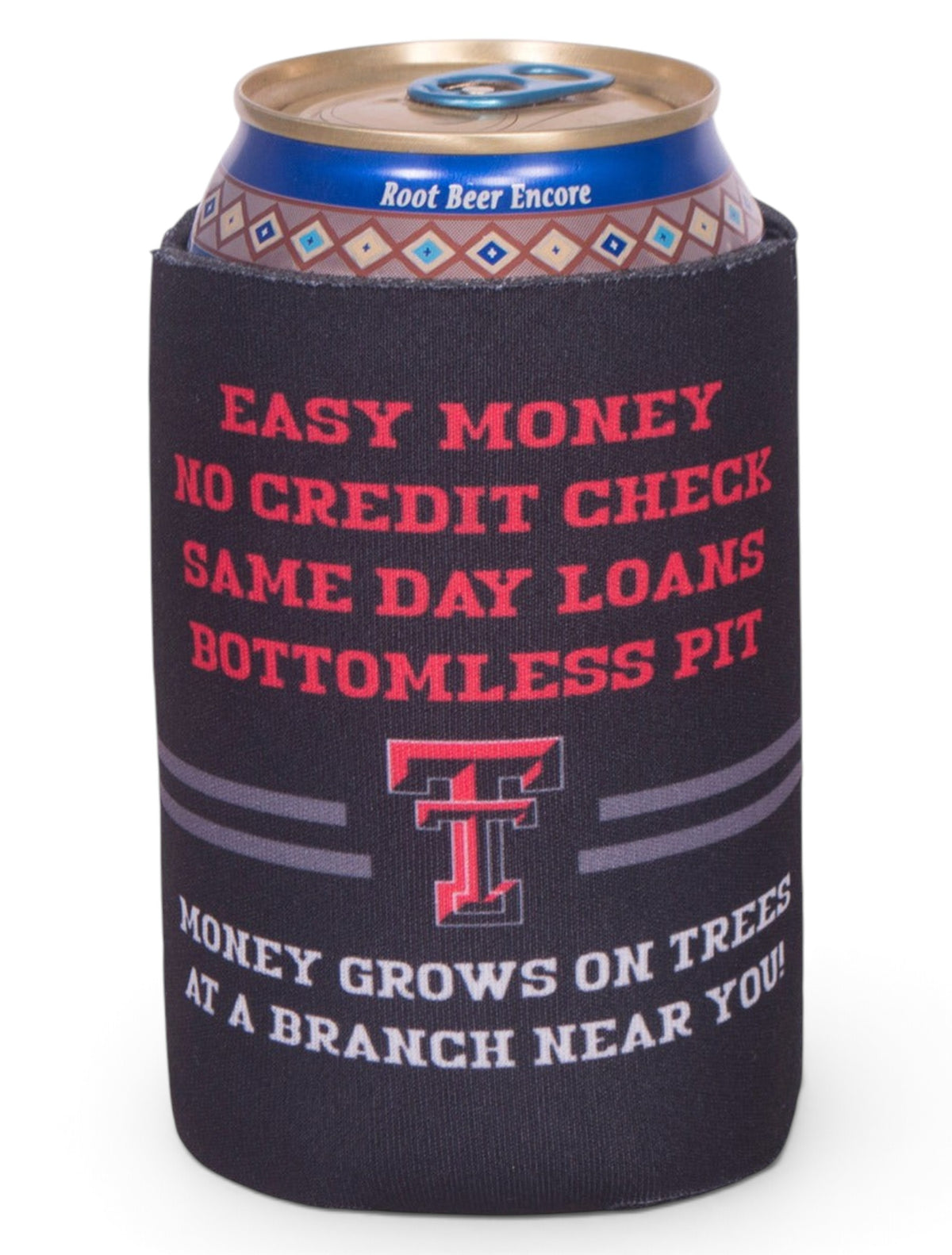 The Bank of Dad Black Can Cooler - Texas Tech – Back view