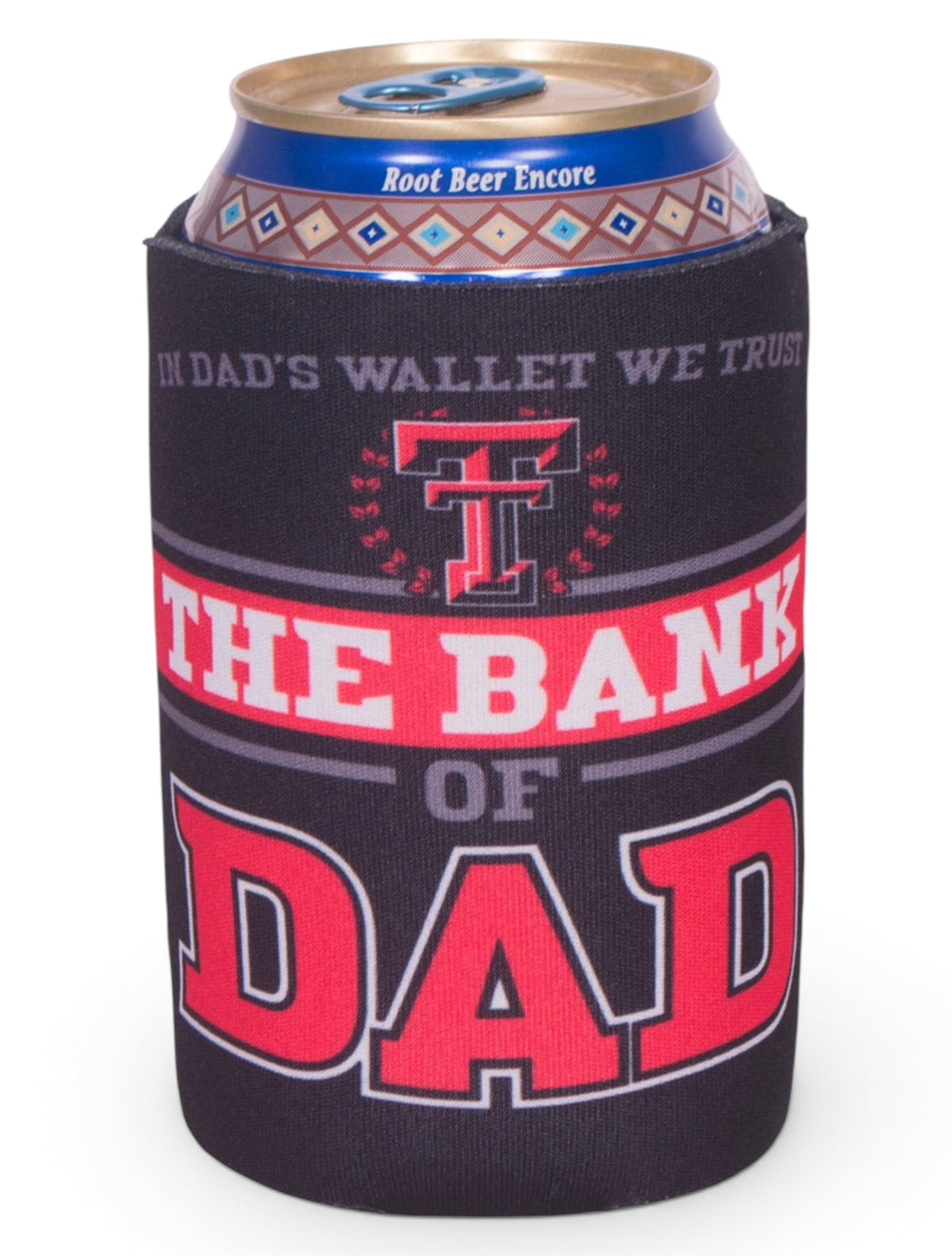 The Bank of Dad Black Can Cooler - Texas Tech – Front view