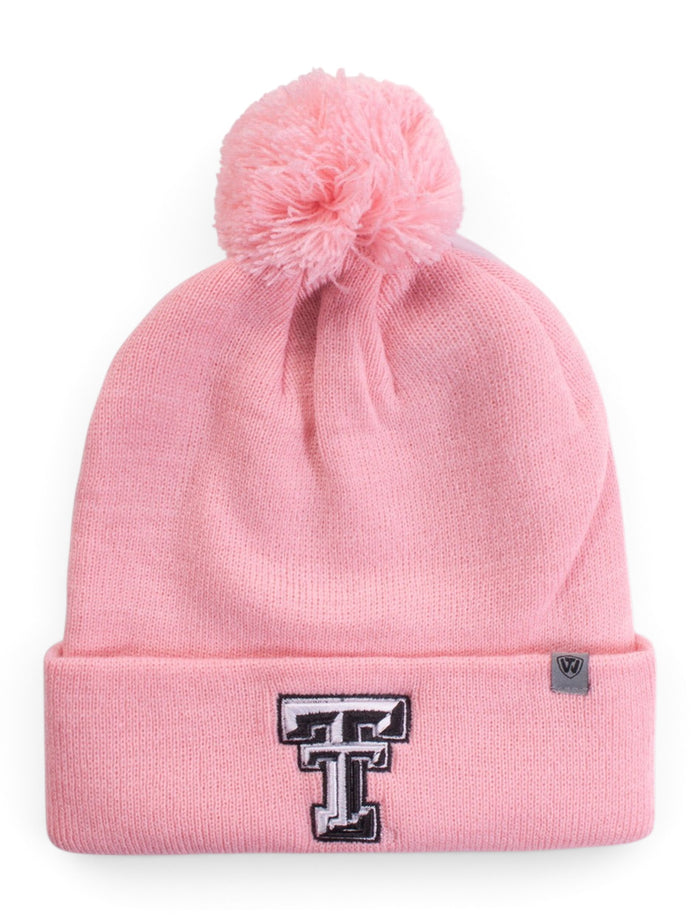 Top of the World Texas Tech Double T Pink Pom Beanie – Front view
