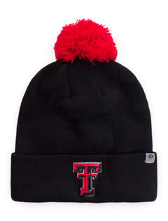 Top of the World Texas Tech Double T YOUTH Black Pom Beanie – Front view