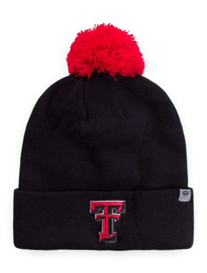 Top of the World Texas Tech Double T YOUTH Black Pom Beanie – Front view