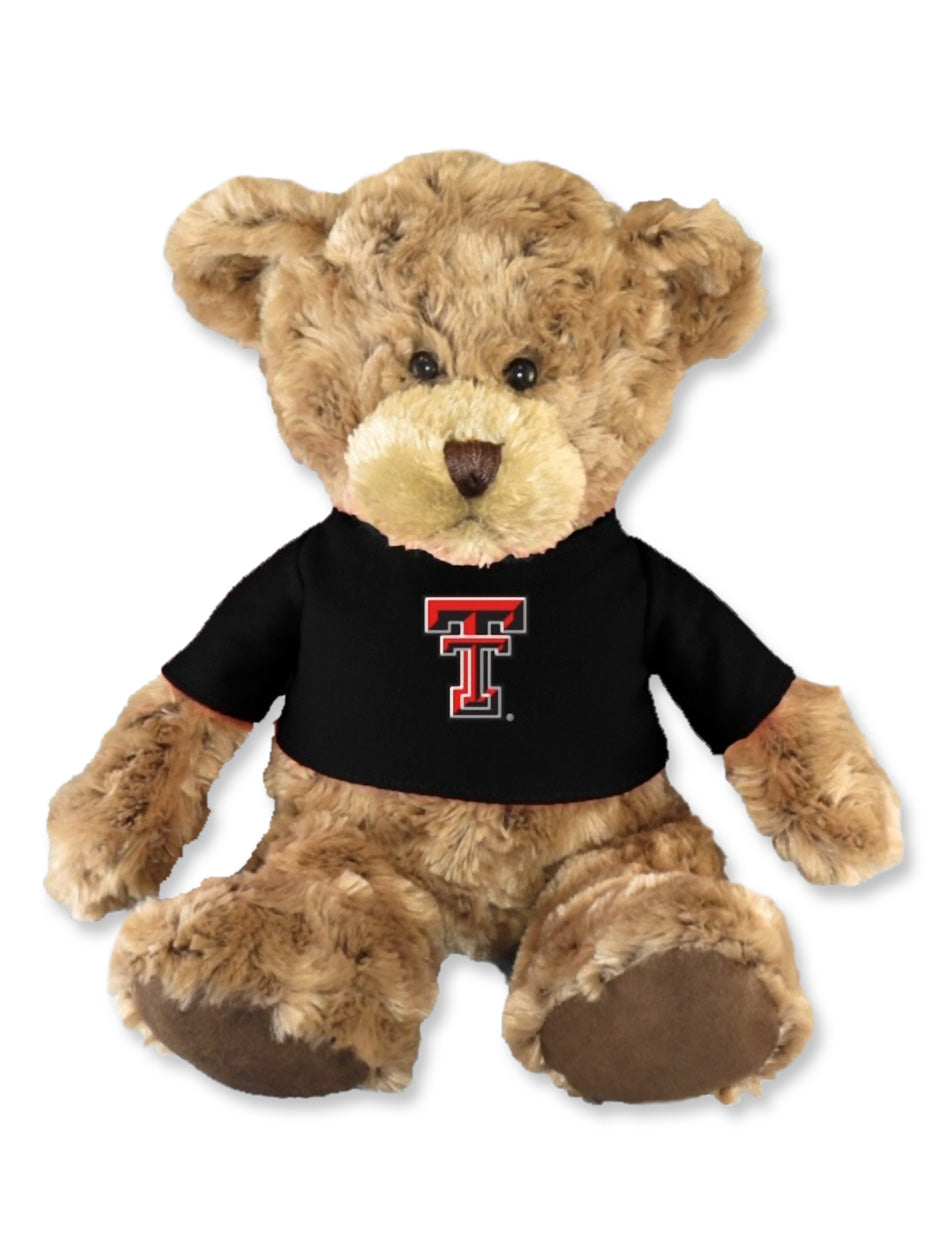 Texas Tech Red Raiders Charlie plush bear with swirled brown fur wearing a black t-shirt with the Double T logo
