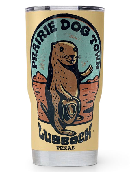 World Famous Prairie Dog Town® "Howdy Dog" Travel Tumbler – Tan front view