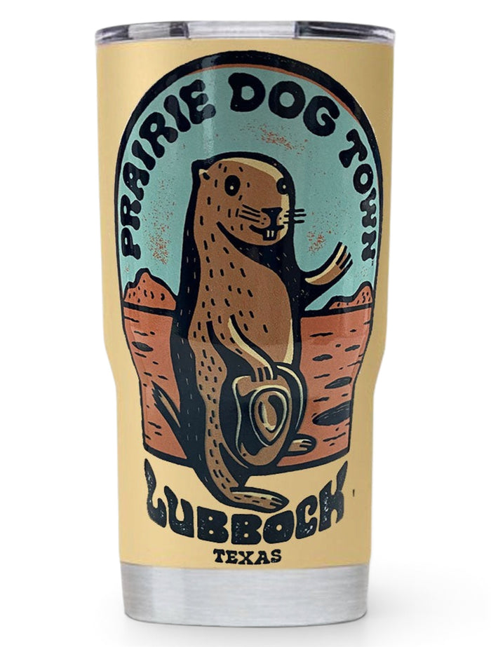 World Famous Prairie Dog Town® "Howdy Dog" Travel Tumbler – Tan front view