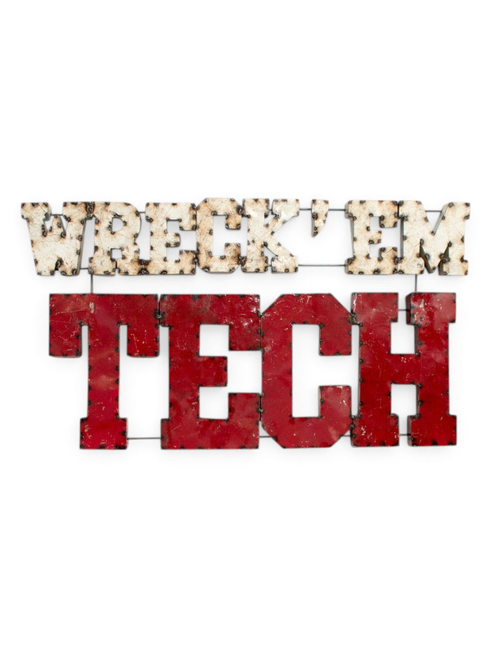 Wreck 'Em Tech Stacked Rustic Metal Sign – Front view