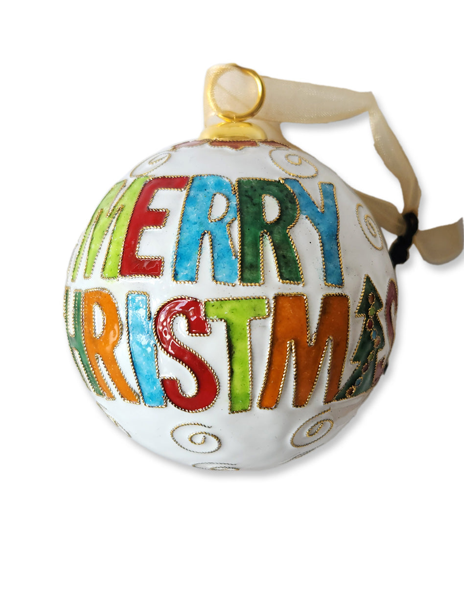 Kitty Keller Texas Tech "Merry Christmas Block Letters on white" Cloissone Ornament