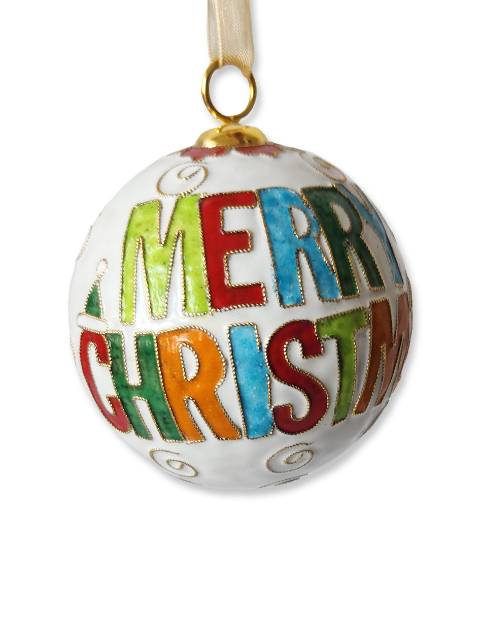 Kitty Keller Texas Tech "Merry Christmas Block Letters on white" Cloissone Ornament