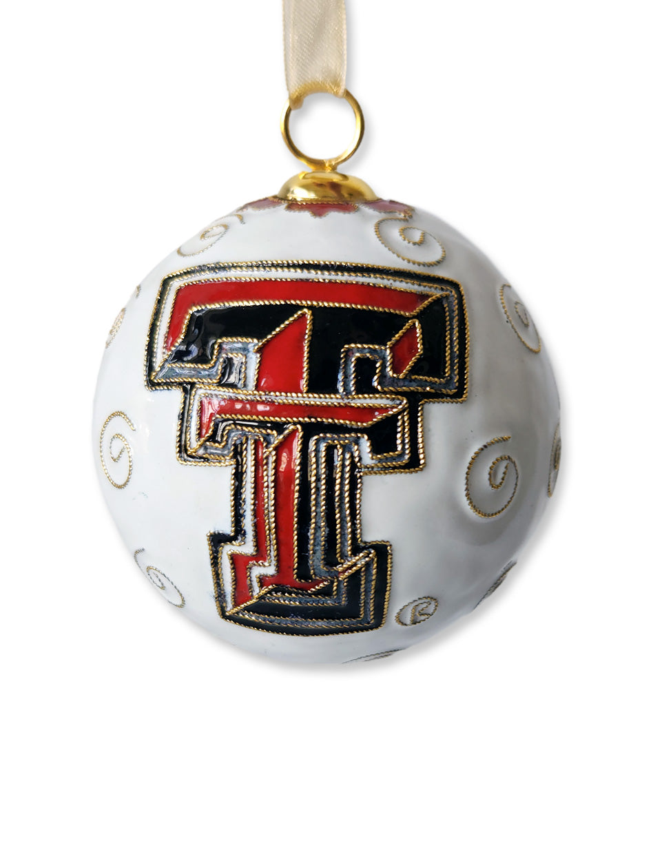 Kitty Keller Texas Tech "Merry Christmas Block Letters on white" Cloissone Ornament